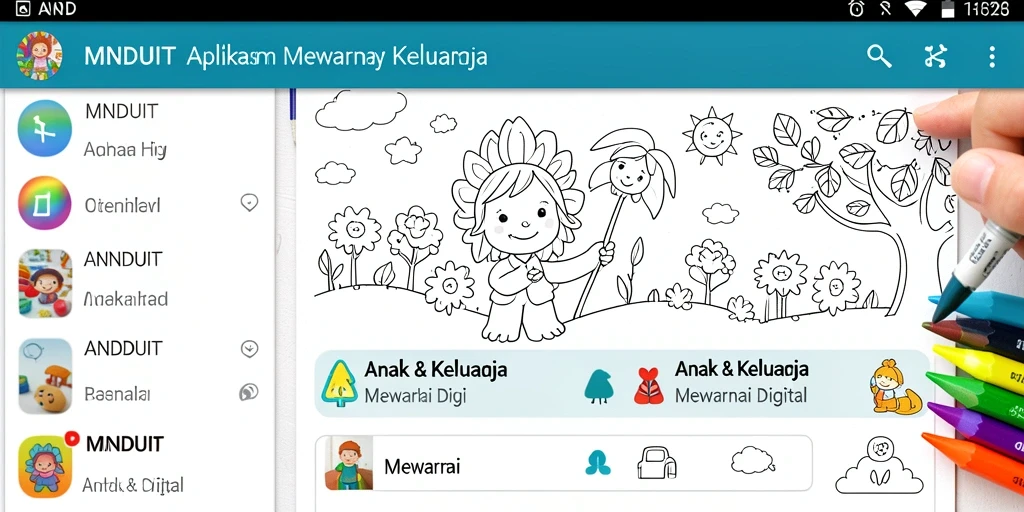 Antarmuka aplikasi Mewarnai Digital MNDUIT yang penuh warna.